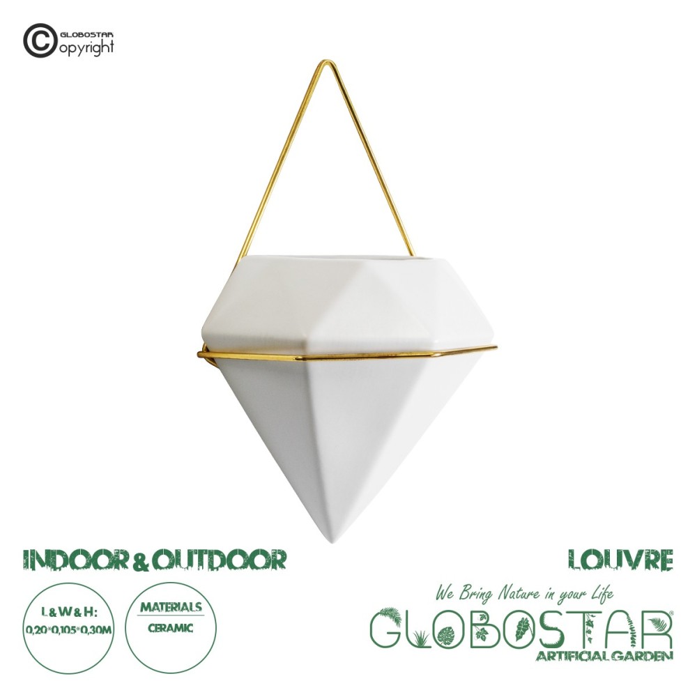 GloboStar® Artificial Garden LOUVRE 20534 Διακοσμητικό Κεραμικό Κασπώ Γλάστρα - Flower Pot Λευκό με Χρυσό Μ20 x Π10.5 x Υ30cm